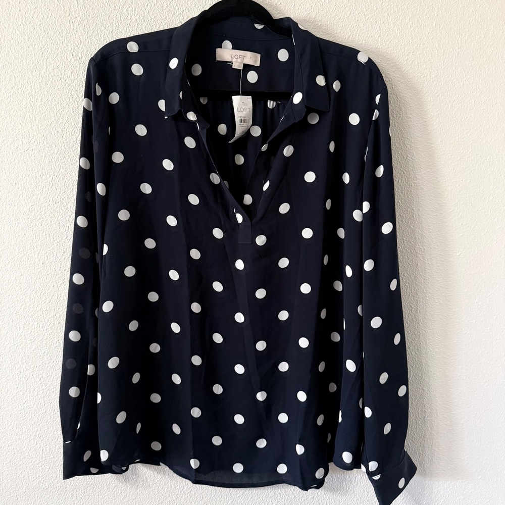 LOFT Navy Blue White Polka Dot Split Neck Long Sleeve Blouse XL New With Tags